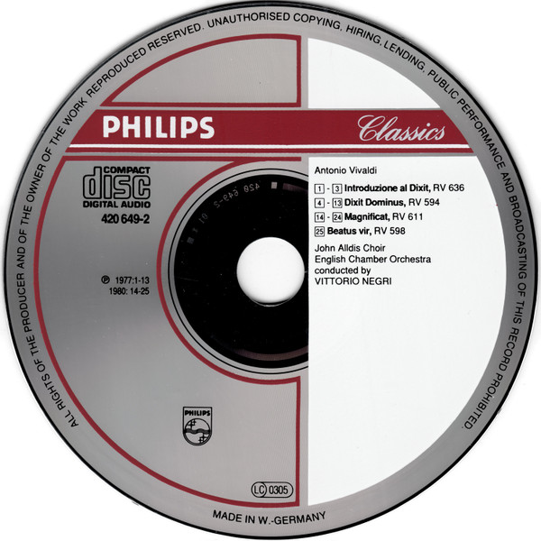 Antonio Vivaldi - John Alldis Choir, English Chamber Orchestra, Vittorio Negri - Sacred Choral Music - Das Geistliche Chorwerk Vol.2 (Magnificat RV 611 - Dixit Dominus - Beatus Vir) (CD) (Near Mint (NM or M-)) - Image 3