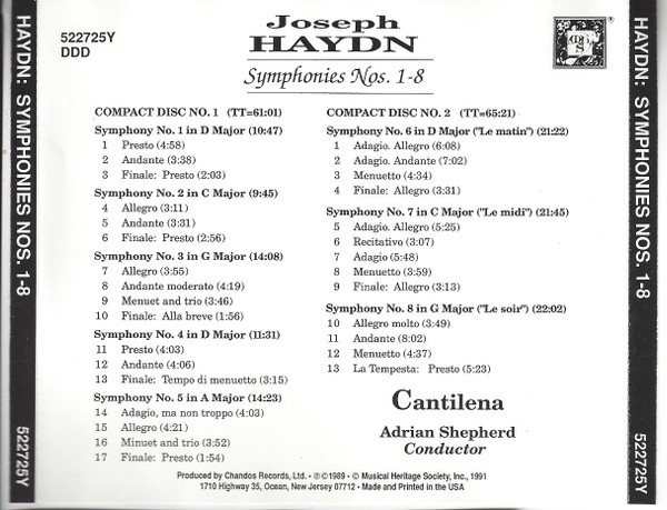 Joseph Haydn — Cantilena, Adrian Shepherd - Symphonies Nos. 1-8 (2xCD) (Near Mint (NM or M-)) - Image 5