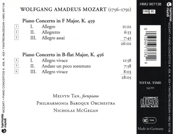 Wolfgang Amadeus Mozart, Melvyn Tan, Philharmonia Baroque Orchestra, Nicholas McGegan - Piano Concertos K. 456, K. 459 (CD) (Mint (M)) - Image 2