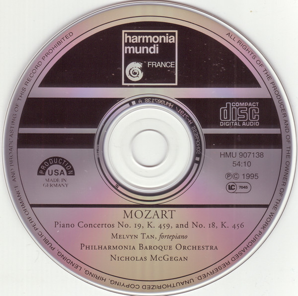Wolfgang Amadeus Mozart, Melvyn Tan, Philharmonia Baroque Orchestra, Nicholas McGegan - Piano Concertos K. 456, K. 459 (CD) (Mint (M)) - Image 3