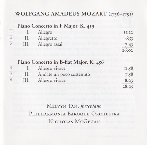 Wolfgang Amadeus Mozart, Melvyn Tan, Philharmonia Baroque Orchestra, Nicholas McGegan - Piano Concertos K. 456, K. 459 (CD) (Mint (M)) - Image 5