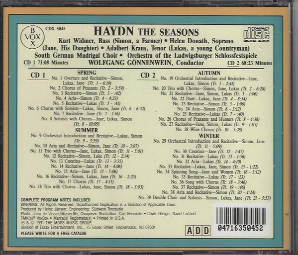 Joseph Haydn — Helen Donath, Adalbert Kraus, Kurt Widmer : Soloists ‒ Der Süddeutsche Madrigalchor, Orchester Der Ludwigsburger Schlossfestspiele, Wolfgang Gönnenwein - The Seasons (2xCD) (Near Mint (NM or M-)) - Image 2