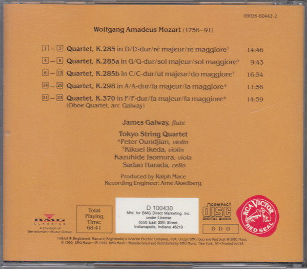 Mozart* – James Galway, Tokyo String Quartet - Flute Quartets (CD, Album, Club) (Mint (M)) - Image 2
