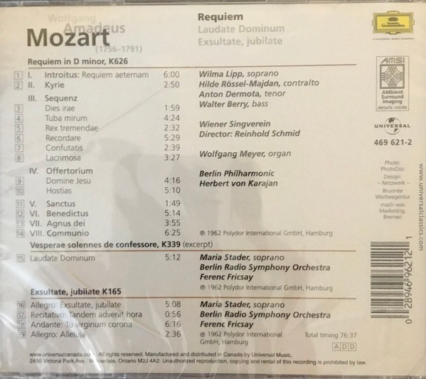 Wolfgang Amadeus Mozart - Berliner Philharmoniker, Herbert von Karajan - Requiem / Laudate Dominum / Exsultate, Jubilate (CD, Comp) (Near Mint (NM or M-)) - Image 2