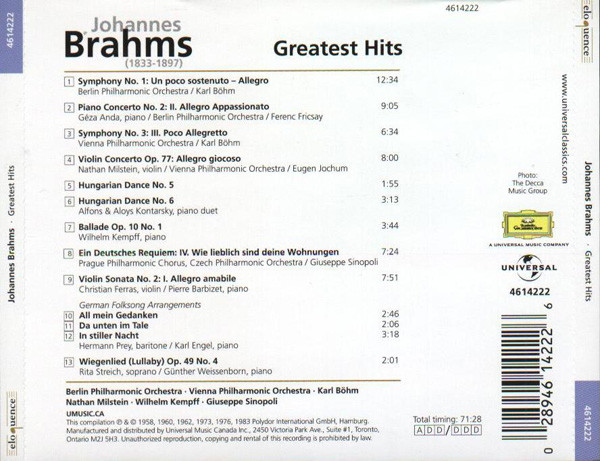 Johannes Brahms - Greatest Hits (CD, Comp) (Near Mint (NM or M-)) - Image 2