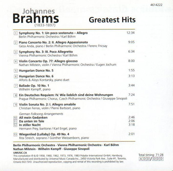 Johannes Brahms - Greatest Hits (CD, Comp) (Near Mint (NM or M-)) - Image 3