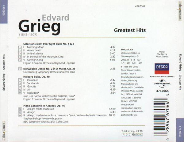 Edvard Grieg - Greatest Hits (CD, Comp) (Near Mint (NM or M-)) - Image 2