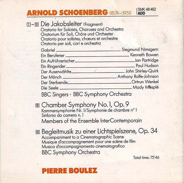 Arnold Schoenberg - Pierre Boulez, Ensemble InterContemporain, BBC Singers, BBC Symphony Orchestra - Die Jakobsleiter / Chamber Symphony No. 1 / Begleitmusik Zu Einer Lichtspielszene (CD, Comp) (Near Mint (NM or M-)) - Image 2