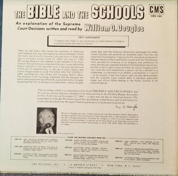 William O. Douglas - The Bible And The Schools (LP) (Mint (M)) - Image 2