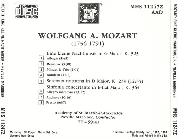 Wolfgang Amadeus Mozart, The Academy Of St. Martin-in-the-Fields, Sir Neville Marriner - Eine Kleine Nachtmusik / Serenata Notturna / Sinfonia Concertante (CD, Album) (Near Mint (NM or M-)) - Image 2