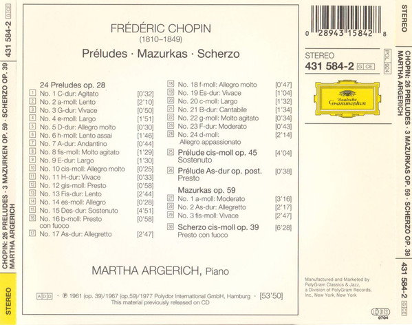 Frédéric Chopin, Martha Argerich - 26 Preludes / 3 Mazurken Op. 59 / Scherzo Op. 39 (CD, Comp, RP) (Near Mint (NM or M-)) - Image 2