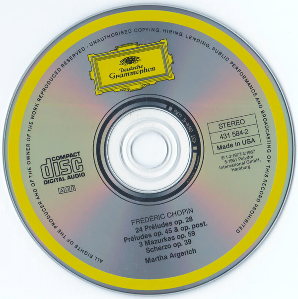 Frédéric Chopin, Martha Argerich - 26 Preludes / 3 Mazurken Op. 59 / Scherzo Op. 39 (CD, Comp, RP) (Near Mint (NM or M-)) - Image 3