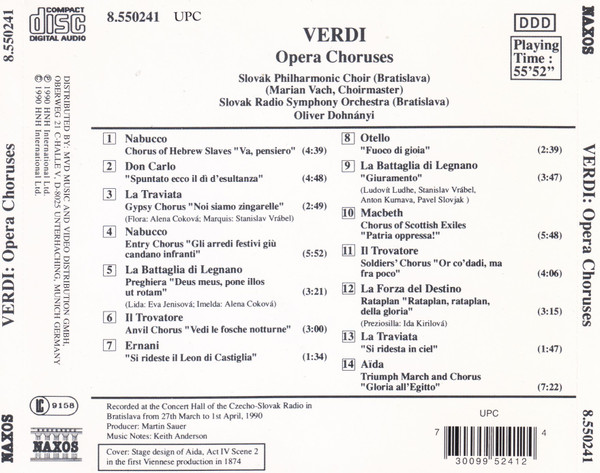 Giuseppe Verdi - Slovak Philharmonic Chorus, Slovak Radio Symphony Orchestra, Oliver Dohnanyi - Opera Choruses = Opernchöre = Chœrs D'Opéras (CD, Album) (Very Good Plus (VG+)) - Image 2