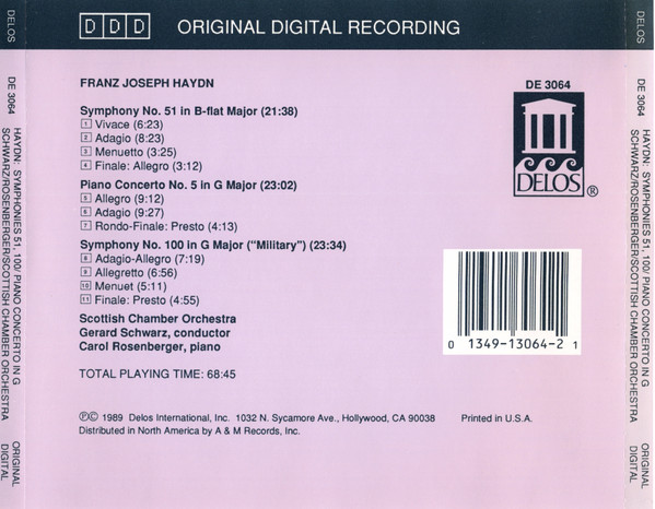 Joseph Haydn, Scottish Chamber Orchestra, Gerard Schwarz, Carol Rosenberger - Symphony No. 51 In B-Flat Major / Piano Concerto In G Major / Symphony No. 100 In G Major (Military) (CD) (Near Mint (NM or M-)) - Image 2