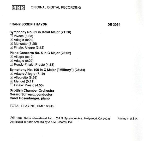 Joseph Haydn, Scottish Chamber Orchestra, Gerard Schwarz, Carol Rosenberger - Symphony No. 51 In B-Flat Major / Piano Concerto In G Major / Symphony No. 100 In G Major (Military) (CD) (Near Mint (NM or M-)) - Image 5