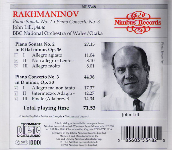 Sergei Vasilyevich Rachmaninoff - John Lill, BBC National Orchestra Of Wales, Tadaaki Otaka - Piano Concerto No. 3 / Piano Sonata No. 2 (CD) (Near Mint (NM or M-)) - Image 2
