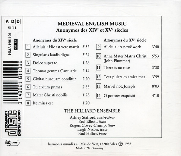The Hilliard Ensemble - Medieval English Music (CD, Album, RE) (Near Mint (NM or M-)) - Image 2