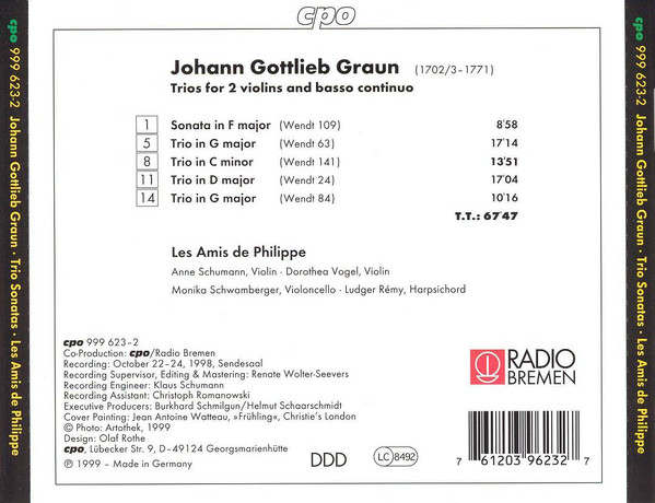 Johann Gottlieb Graun - Les Amis De Philippe - Trio Sonatas (CD, Album) (Near Mint (NM or M-)) - Image 2