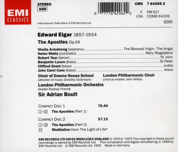 Sir Edward Elgar, Sheila Armstrong, Helen Watts, Robert Tear, Benjamin Luxon, Clifford Grant, John Carol Case, London Philharmonic Choir & London Philharmonic Orchestra, Sir Adrian Boult - The Apostles / Meditation From "The Light Of Life" (2xCD, Album, Comp, RE, RM) (Near Mint (NM or M-)) - Image 2