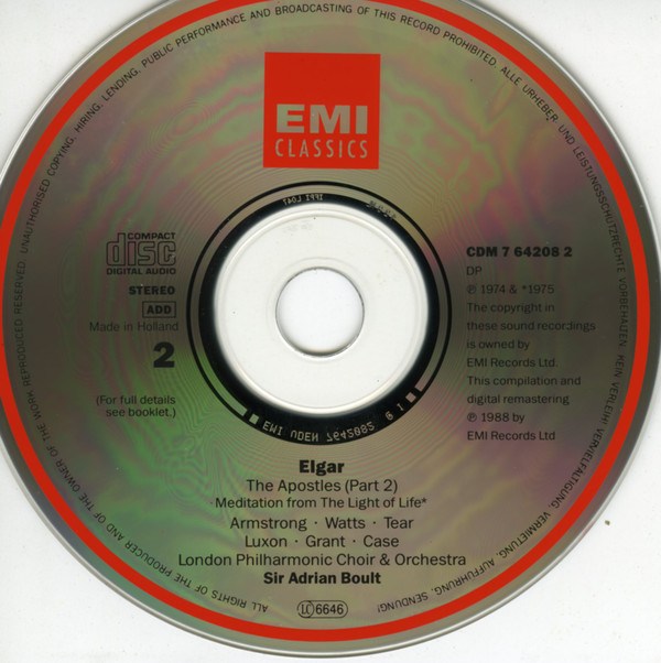 Sir Edward Elgar, Sheila Armstrong, Helen Watts, Robert Tear, Benjamin Luxon, Clifford Grant, John Carol Case, London Philharmonic Choir & London Philharmonic Orchestra, Sir Adrian Boult - The Apostles / Meditation From "The Light Of Life" (2xCD, Album, Comp, RE, RM) (Near Mint (NM or M-)) - Image 4