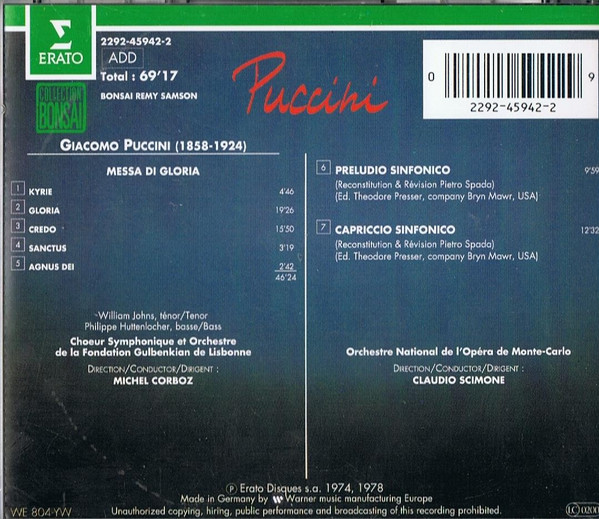 Giacomo Puccini - Michel Corboz / Claudio Scimone - Messa Di Gloria / Preludio Sinfonico / Capriccio Sinfonico (CD, Comp) (Near Mint (NM or M-)) - Image 3