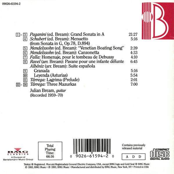 Julian Bream, Isaac Albéniz, Felix Mendelssohn-Bartholdy, Niccolò Paganini, Franz Schubert - Romantic Guitar (CD, RE) (Very Good Plus (VG+)) - Image 4