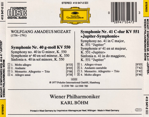Wolfgang Amadeus Mozart, Wiener Philharmoniker, Karl Böhm - Symphonien No.41 »Jupiter« · No.40 (CD, Album) (Near Mint (NM or M-)) - Image 2