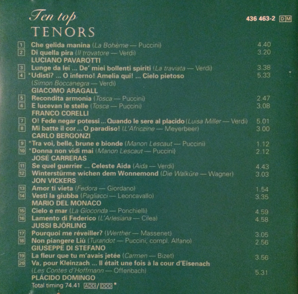 Giacomo Aragall, Carlo Bergonzi, Jussi Björling, José Carreras, Franco Corelli, Placido Domingo, Mario del Monaco, Luciano Pavarotti, Giuseppe di Stefano, Jon Vickers - Ten Top Tenors (CD, Comp) (Near Mint (NM or M-)) - Image 2