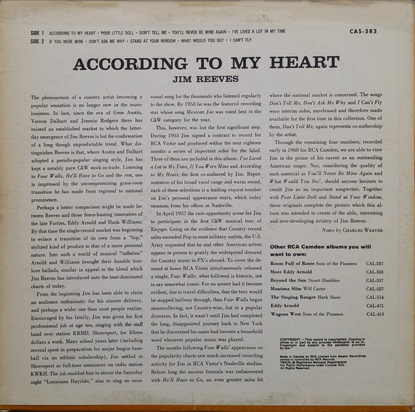 Jim Reeves - According To My Heart (LP, Album) (Mint (M)) - Image 2