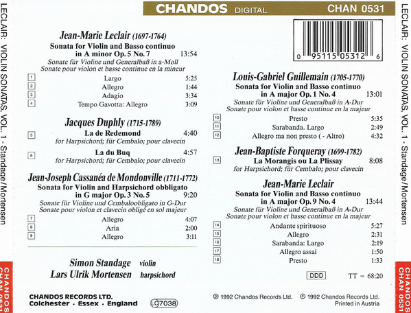 Jean-Marie Leclair, Jean-Baptiste Antoine Forqueray, Jean Joseph Cassanea De Mondonville, Jacques Duphly, Louis-Gabriel Guillemain, Simon Standage, Lars Ulrik Mortensen - Violin Sonatas, Vol. 1 (CD, Album) (Near Mint (NM or M-)) - Image 2