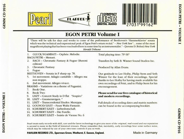 Egon Petri - Christoph Willibald Gluck, Johann Sebastian Bach, Ludwig van Beethoven, Franz Schubert, Franz Liszt, Johannes Brahms - Egon Petri - Volume I (CD, Mono) (Near Mint (NM or M-)) - Image 2