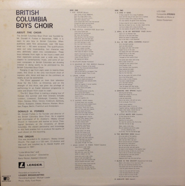 British Columbia Boys Choir - British Columbia Boys Choir (LP, Album) (Mint (M)) - Image 2