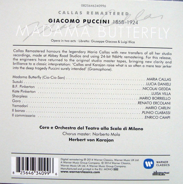Giacomo Puccini / Maria Meneghini-Callas, Lucia Danieli, Luisa Villa, Nicolai Gedda, Mario Borriello, Renato Ercolani, Mario Carlin, Plinio Clabassi, Enrico Campi, Herbert Von Karajan, Norberto Mola, Teatro Alla Scala - Madama Butterfly (2xCD, Album, Mono, RE, RM, Car) (Near Mint (NM or M-)) - Image 2