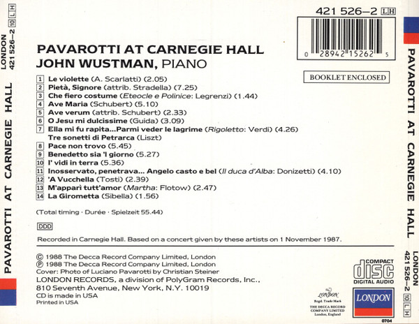 Luciano Pavarotti, John Wustman - Pavarotti At Carnegie Hall (CD, Album, RP) (Near Mint (NM or M-)) - Image 2