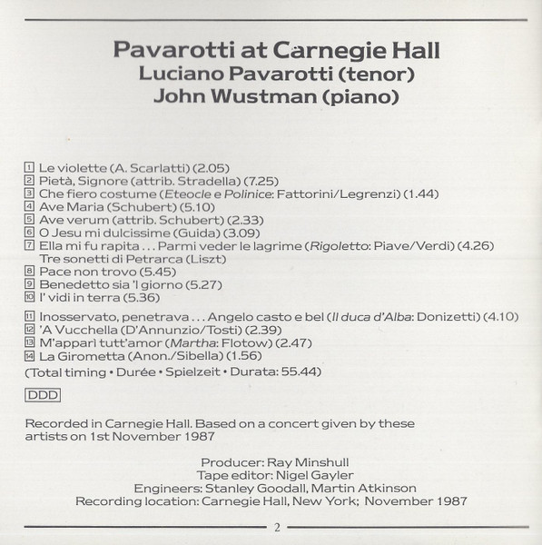 Luciano Pavarotti, John Wustman - Pavarotti At Carnegie Hall (CD, Album, RP) (Near Mint (NM or M-)) - Image 5