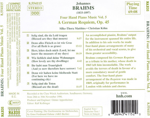 Johannes Brahms, Silke-Thora Matthies / Christian Köhn - Four Hand Piano Music Vol. 5 — A German Requiem, Op. 45 (CD) (Near Mint (NM or M-)) - Image 2