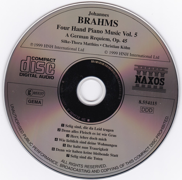 Johannes Brahms, Silke-Thora Matthies / Christian Köhn - Four Hand Piano Music Vol. 5 — A German Requiem, Op. 45 (CD) (Near Mint (NM or M-)) - Image 3