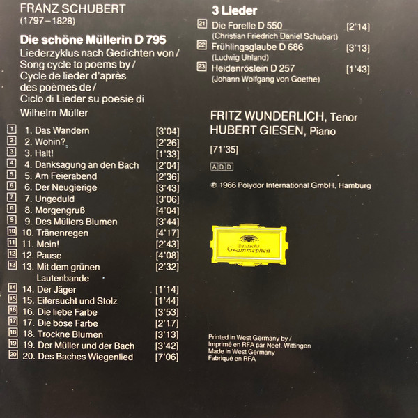 Franz Schubert - Fritz Wunderlich, Hubert Giesen - Die Schöne Müllerin · 3 Lieder (CD, Comp) (Near Mint (NM or M-)) - Image 2