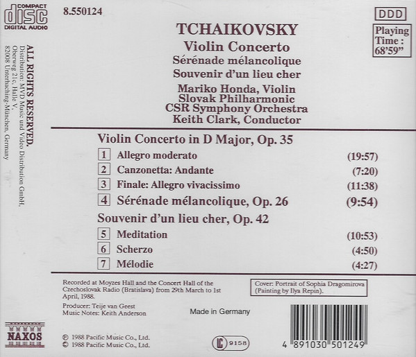 Pyotr Ilyich Tchaikovsky, Mariko Honda, Slovak Philharmonic Orchestra, Slovak Radio Symphony Orchestra, Keith Clark (3) - Violin Concerto / Sérénade Mélancolique / Souvenir D'Un Lieu Cher (CD, Album) (Near Mint (NM or M-)) - Image 3