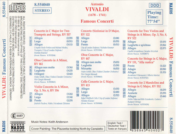 Antonio Vivaldi - Famous Concerti For Two Trumpets, Oboe, Violins, Cello, Mandolins (CD, Comp) (Near Mint (NM or M-)) - Image 2