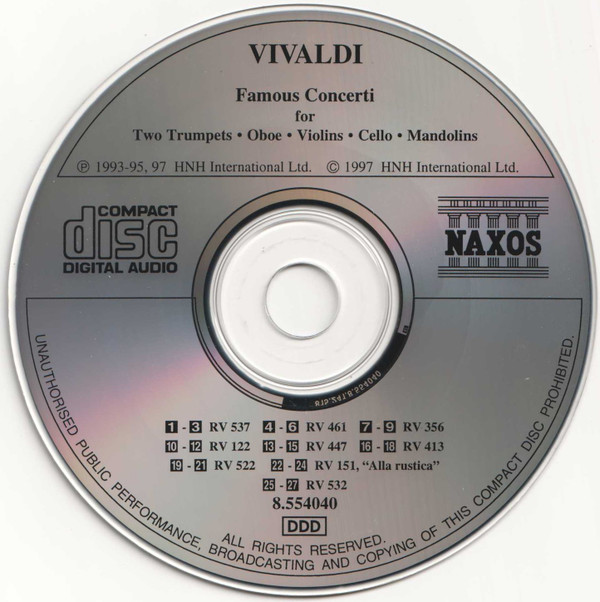 Antonio Vivaldi - Famous Concerti For Two Trumpets, Oboe, Violins, Cello, Mandolins (CD, Comp) (Near Mint (NM or M-)) - Image 3