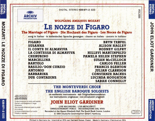 Wolfgang Amadeus Mozart - Bryn Terfel · Alison Hagley · Hillevi Martinpelto · Rodney Gilfry · Pamela Helen Stephen · Susan McCulloch · Carlos Feller · The Monteverdi Choir · The English Baroque Soloists · John Eliot Gardiner - Le Nozze Di Figaro (3xCD + Box, Album, Sli) (Near Mint (NM or M-)) - Image 4