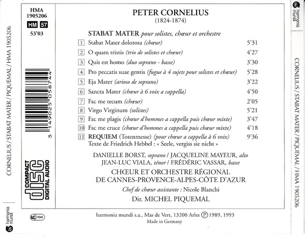 Peter Cornelius (2) / Danielle Borst, Jacqueline Mayeur, Jean-Luc Viala, Frederic Vassar, Choeur et Orchestre Régional de Cannes-Provence-Alpes-Côte d'Azur conducted by Michel Piquemal - Stabat Mater - Requiem (CD) (Near Mint (NM or M-)) - Image 2