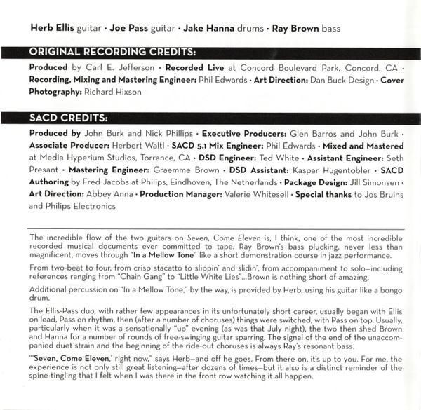 Herb Ellis, Joe Pass Also Featuring Jake Hanna & Ray Brown - Seven, Come Eleven (SACD, Hybrid, Multichannel, Album) (Near Mint (NM or M-)) - Image 4