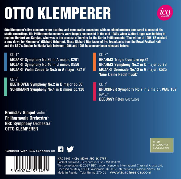 Wolfgang Amadeus Mozart, Ludwig van Beethoven, Robert Schumann, Johannes Brahms, Anton Bruckner, Claude Debussy, Otto Klemperer, Philharmonia Orchestra, BBC Symphony Orchestra - Mozart, Beethoven, Schumann, Brahms, Bruckner, Debussy (4xCD, Comp, Mono, RM) (Near Mint (NM or M-)) - Image 2