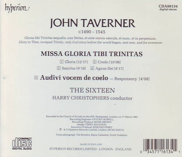 John Taverner - The Sixteen, Harry Christophers - Missa Gloria Tibi Trinitas - Audivi Vocem De Coelo (CD, Album) (Near Mint (NM or M-)) - Image 2