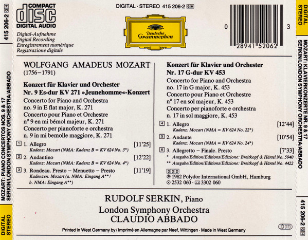Wolfgang Amadeus Mozart, London Symphony Orchestra, Rudolf Serkin, Claudio Abbado - Klavierkonzerte Nos. 9 & 17 (CD, Album, RE) (Very Good Plus (VG+)) - Image 2