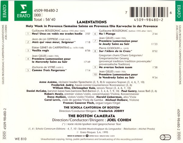 Schola Cantorum Of Boston, Boston Camerata, Joel Cohen (3) - Lamentations: Holy Week In Provence (CD, Album) (Near Mint (NM or M-)) - Image 3