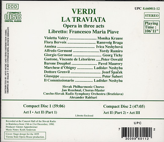 Giuseppe Verdi, Monika Krause • Yordy Ramiro • Georg Tichy, Slovak Philharmonic Chorus, Slovak Radio Symphony Orchestra, Alexander Rahbari - La Traviata (2xCD, Album) (Near Mint (NM or M-)) - Image 2