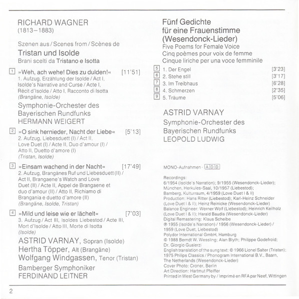 Astrid Varnay, Richard Wagner - Tristand Und Isolde Szenen - Wesendonck-Lieder (CD, Album, Comp, Mono, RE, RM) (Near Mint (NM or M-)) - Image 3